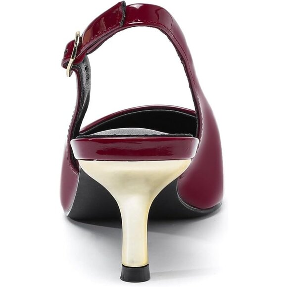 Amoji Women Burgundy Polyurethane Low Kitten Heel Slingback Pointed Toe Sandals - Picture 3 of 7